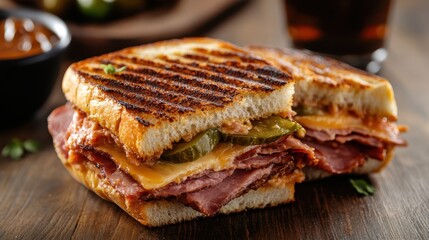 A mouthwatering grilled sandwich filled with savory meats and pickles, served on a rustic wooden table with condiments, highlighting appetizing colors and textures for food lovers.