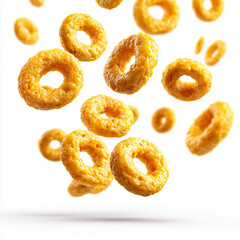 Yellow corn rings, breakfast cereal, flying in the air, on a white background