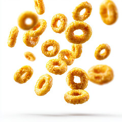 Yellow corn rings, breakfast cereal, flying in the air, on a white background