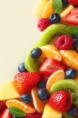 Obraz premium Vibrant fruit salad banner featuring a colorful mix of fresh berries, tropical fruits, and mint leaves for a refreshing treat