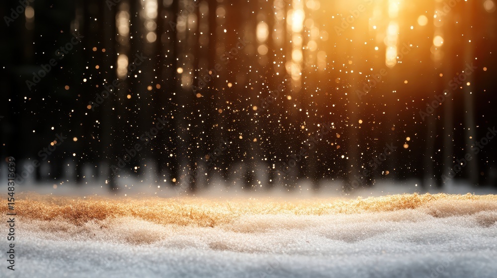 Poster golden sunlight filters through snow particles, creating a magical scene where snow dances in the ai