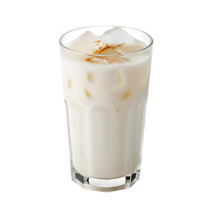 A refreshing glass of sweet, creamy Mexican Horchata rice milk drink with cinnamon on isolated transparent background, a classic agua fresca.