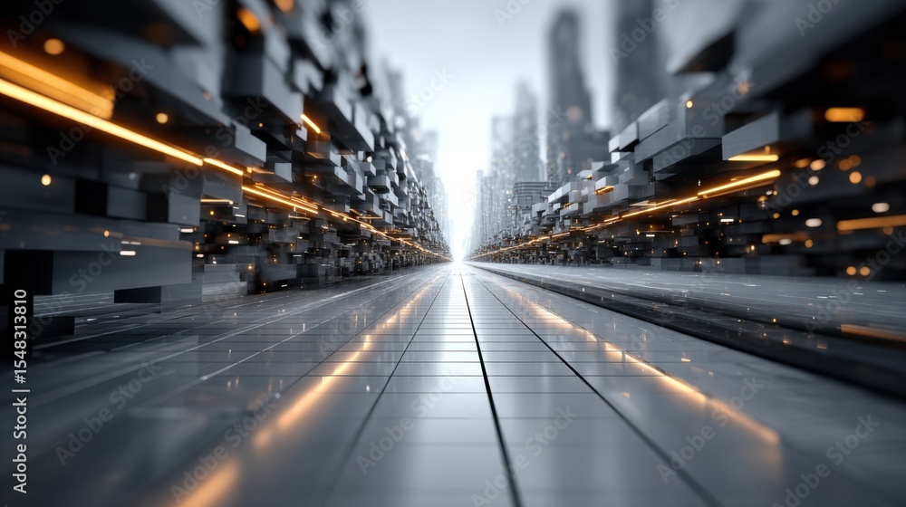 Poster this urban landscape features a highly stylized city with polished surfaces and glowing lines, creat