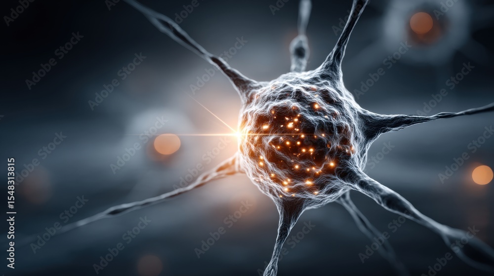 Poster a close view of a neuron with intricate branching dendrites illuminated by glowing synapses, illustr