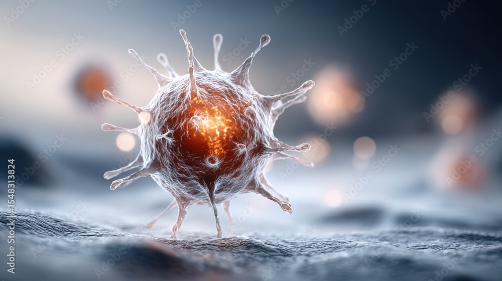 Poster this visual displays a detailed representation of viruses approaching surface cells under a microsco