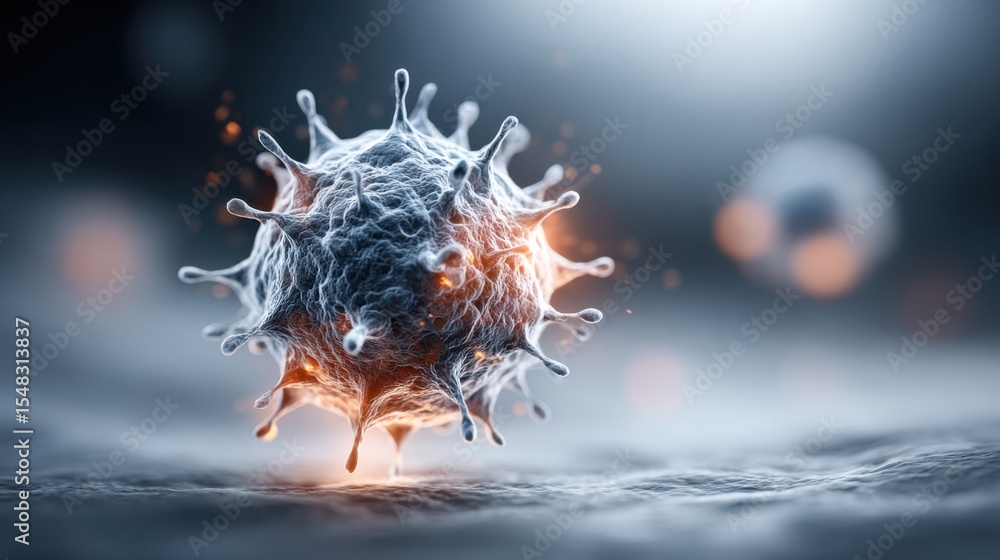 Poster this visual depicts a detailed 3d rendering of a virus cell showcasing its unique structure and text
