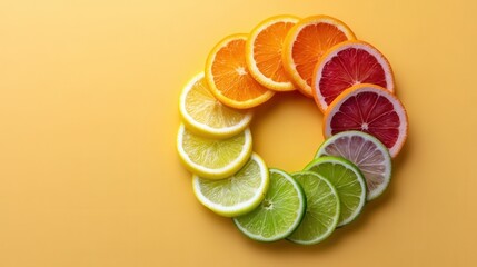 Colorful citrus fruit slices arranged in a circle create a vibrant display against a bright yellow background for summer freshness