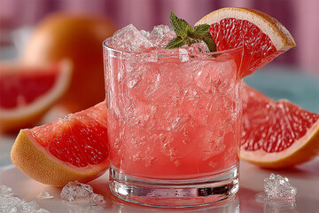 Girly cocktail with grapefruit, on a white background