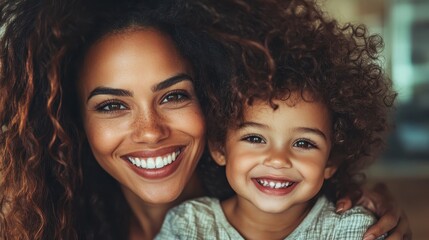 Fototapeta premium A joyful mother and her child share a bright smile in close-up, embodying love, joy, and the precious bond of family in full, vibrant human connection and emotion.