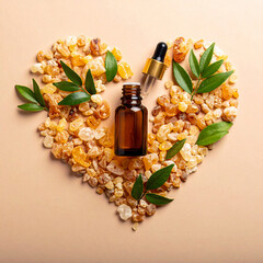 Boswellia Carteri Oil, Amber glass bottle in the shape of a heart formed by natural resins as frankincense, aromatherapy, óleo essencial de olíbano