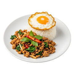 A classic plate of spicy Thai basil stir-fry, or Pad Kra Pao, with pork and a fried egg on isolated transparent background, a popular street food.