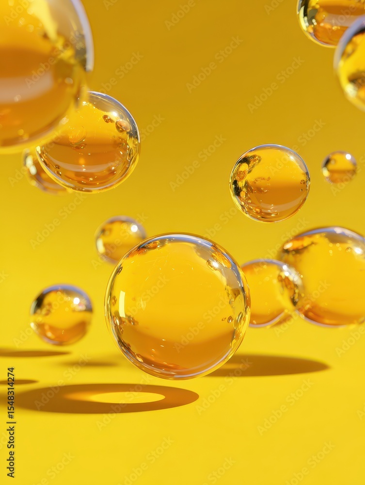 Poster yellow spheres floating on a yellow background, creating a vibrant and harmonious composition.