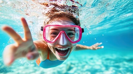 Naklejka premium A cheerful snorkeler, wearing pink goggles, swims happily underwater in clear blue waters, showcasing the beauty of marine life and joy in exploration and adventure.