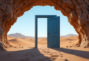 Opened door on desert. Unknown and start up concept. This is a 3d illustration