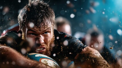A rugged rugby player fiercely competes in a muddy environment, showcasing raw determination and strength as he positions himself to score during an intense match.