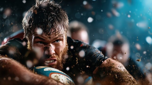 A rugged rugby player fiercely competes in a muddy environment, showcasing raw determination and strength as he positions himself to score during an intense match.