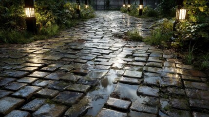 Cobblestone path through illuminated garden with textured stones at night