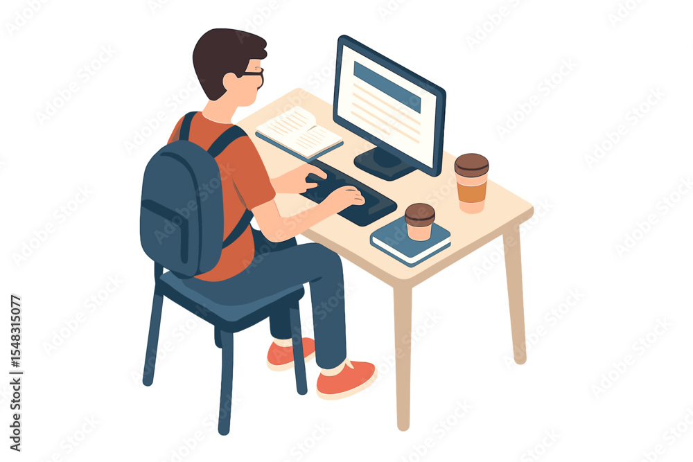 Poster student character is shown studying at a computer in an illustration that can be used for web banner