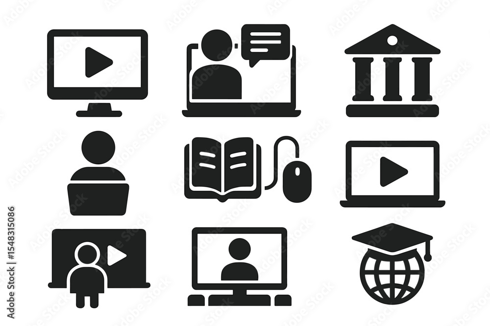 Poster a collection of web icons for e-learning, including symbols for online education, suitable for both 