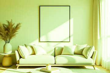 Neutral Interior Design Featuring Minimalist Sofa and Blank Artwork Creating a Serene Aesthetic in a Well Lit Living Space