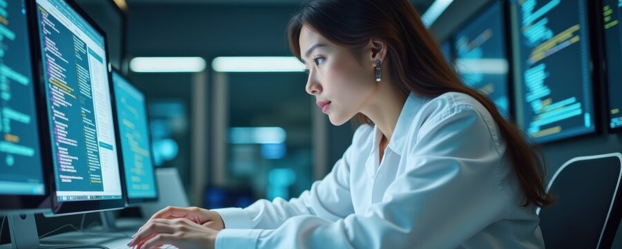 A focused woman coding at dual computer screens, showcasing technology and innovation in a modern workspace.