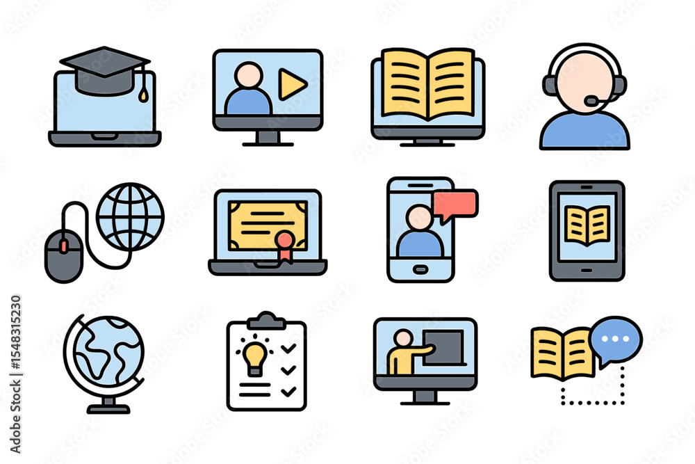 Poster a set of e-learning distance education outline icons is available for use in interface and print des