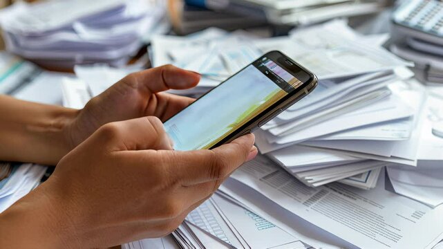Person using smartphone to scan paper documents on cluttered desk, for archiving and digital storage.