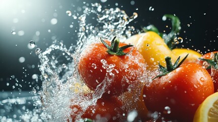 A vibrant arrangement of fresh tomatoes and lemons being splashed with water, capturing the essence of freshness, health, and the artistic beauty of culinary ingredients in motion.