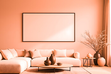 Inviting Living Room Interior with Neutral Tones Stylish Sectional Sofa Minimalist Decor and a Large Blank Frame on the Wall