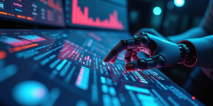 A close-up of a robotic hand interacting with a digital interface displaying data visualization and graphs in a futuristic environment. - Powered by Adobe
