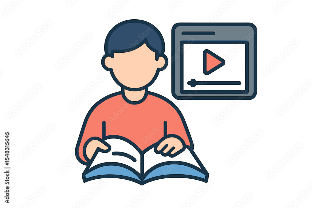Poster a person is engaging in reading a book while simultaneously watching videos, symbolizing learning an