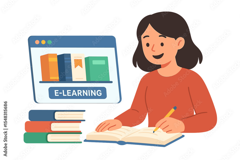 Poster a cheerful student engages in learning with textbooks and online library books, utilizing a web app 