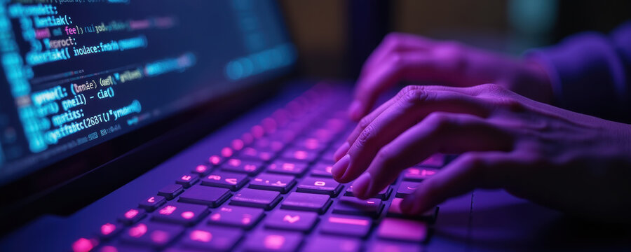 A close-up of hands typing on a laptop keyboard, illuminated by colorful led lights, capturing the essence of coding and technology in a modern workspace.