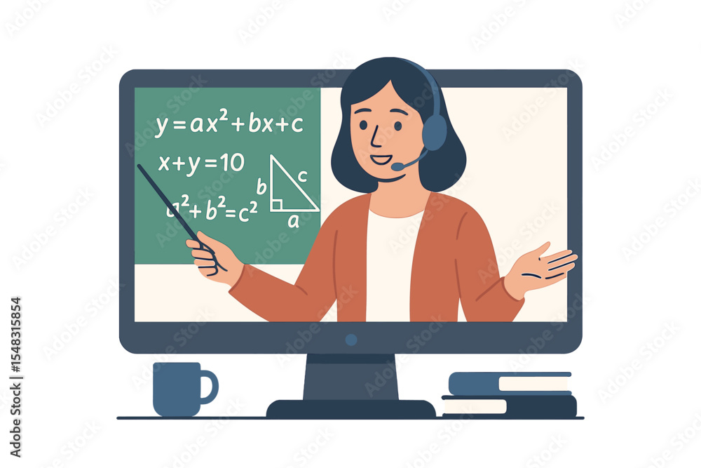 Poster the concept of online education and e-learning is represented by a female teacher instructing a virt