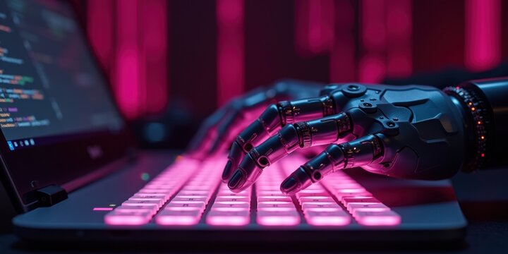 A futuristic robotic hand typing on a laptop keyboard illuminated by vibrant pink lights, showcasing the integration of technology and creativity.