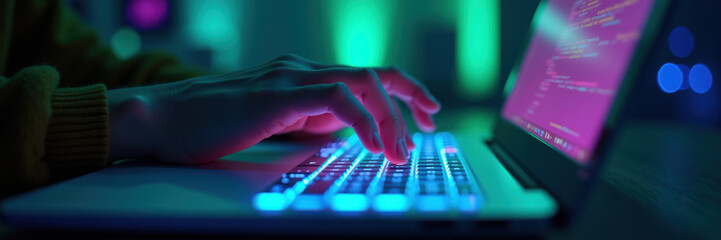 Close-up of a hand typing on a laptop, illuminated by colorful ambient lighting, showcasing modern technology and digital creativity.
