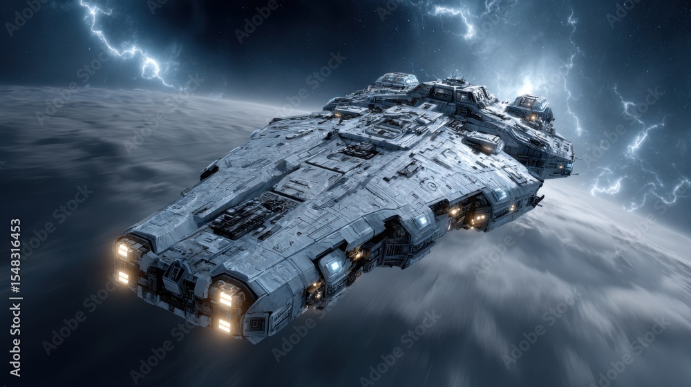 Aufkleber a massive spaceship glides through a turbulent atmosphere, illuminated by bright lights and surround