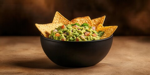 Delicious guacamole served in a bowl alongside crispy tortilla chips on a rustic textured surface