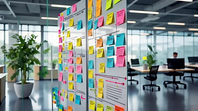 Agile Office Space with Glass Walls, Sticky Notes on Agile Board, and Open Desks