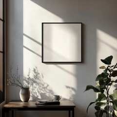 a 12 cm square frame on the table, a 30 cm black square frame hung on the wall . pure color style. Bright Ligh