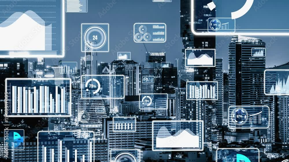 Poster business data analytic interface fly over smart city showing alteration future of business intellige