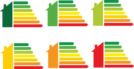 energy efficiency rating charts with colored bars from green to red performance labels isolated on white background. © Aminul