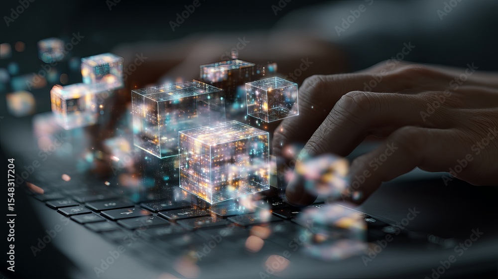 Poster digital data cubes flowing over laptop keyboard abstract technology background futuristic network in