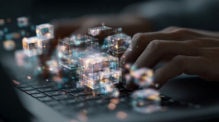Digital Data Cubes Flowing Over Laptop Keyboard Abstract Technology Background Futuristic Network Innovation Digital Transformation Modern Business Concept Creative      