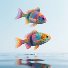 Fototapeta premium Two colorful rainbow fishes jumping out of clear blue water, creating a splash against a bright sky background .
