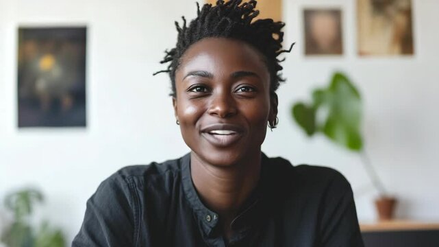 black African woman talking to camera sitting at home, documentary style 