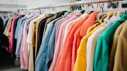 Fototapeta premium Colorful collection of clothing on hangers in a store during daylight hours, showcasing diverse styles and fabrics for shoppers
