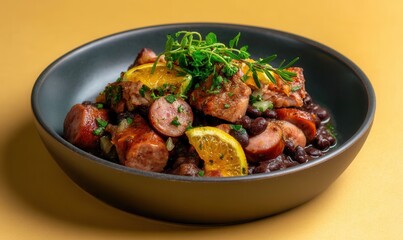 Fototapeta premium Delicious feijoada featuring black beans and pork served elegantly on a charcoal plate with vibrant orange slices in a bright setting