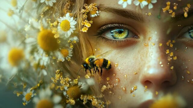 A girl with a bee on her face surrounded by flowers