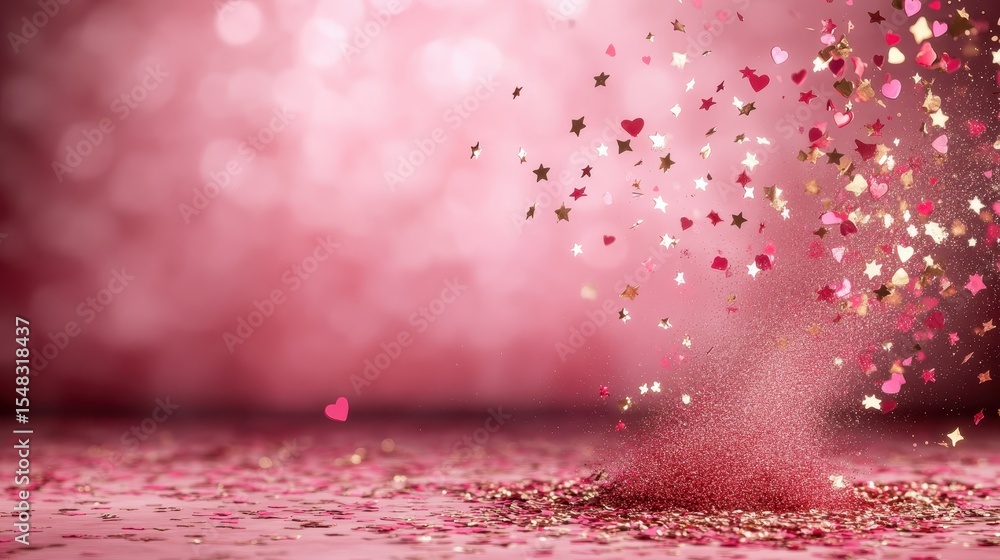 Poster a captivating scene featuring an explosion of colorful hearts and star-shaped confetti falling throu